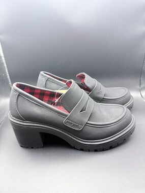 Muk Luks - Black Lug Heel Penny Loafers with Red Plaid Lining